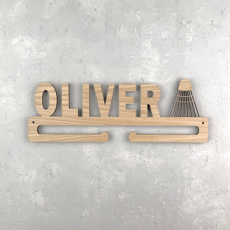 Medal hanger with badminton and own name