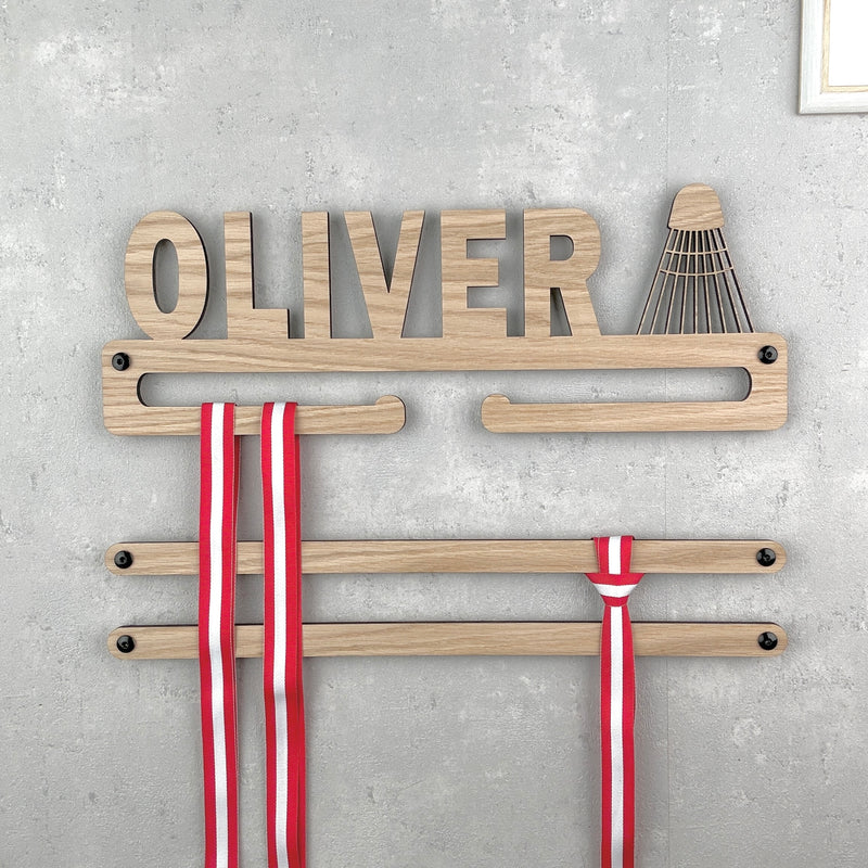 Medal hanger with badminton and own name