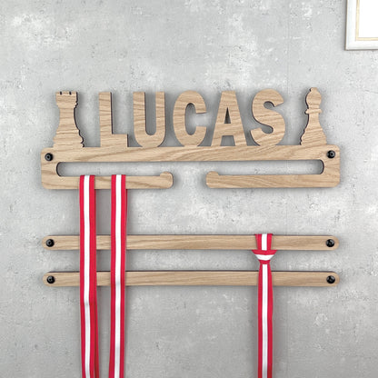 Medal hanger with chess pieces and your own name